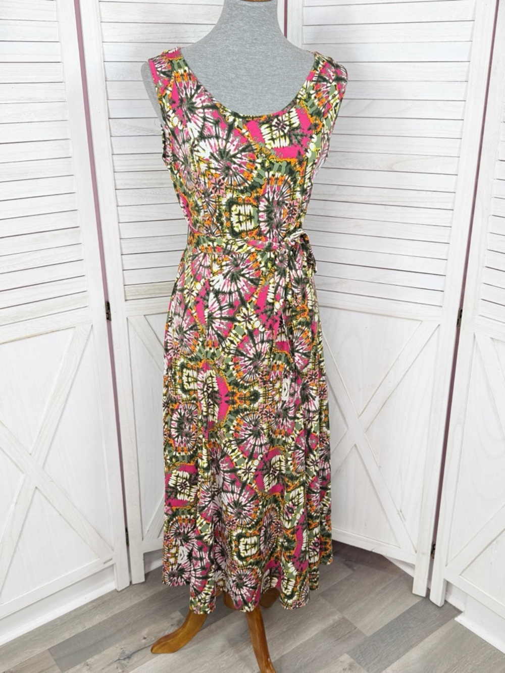 Nina Leonard Tie Dye Medallion Print Belted Sleeveless Midi Dress Pink Medium